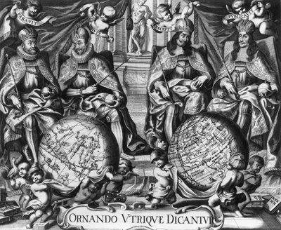 Allegori med Rudolf II (1552-1612) Den hellige romerske keiser og hans etterfølgere Matthias 1. (1557-1619), Ferdinand II (1578-1637) og Ferdinand III (1608-1657) av French School